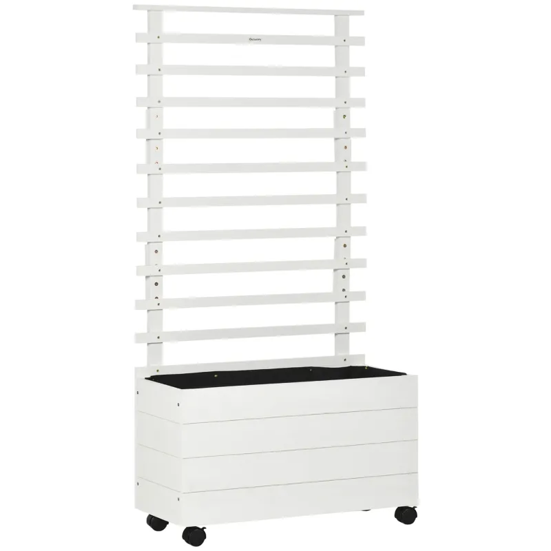 Jardinera con Enrejado de Madera Maciza Soporte con 4 Ruedas Celosía y Malla Geotextil 76x30x155 cm Blanco