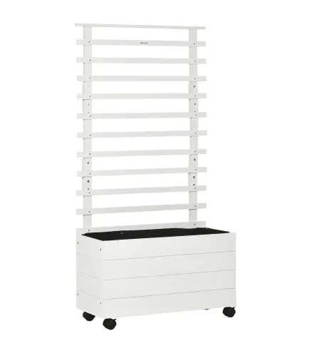 Jardinera con Enrejado de Madera Maciza Soporte con 4 Ruedas Celosía y Malla Geotextil 76x30x155 cm Blanco