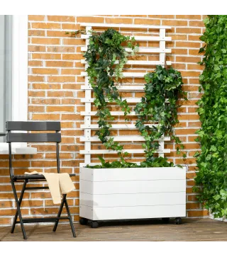Jardinera con Enrejado de Madera Maciza Soporte con 4 Ruedas Celosía y Malla Geotextil 76x30x155 cm Blanco