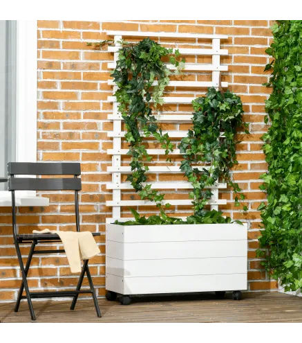 Jardinera con Enrejado de Madera Maciza Soporte con 4 Ruedas Celosía y Malla Geotextil 76x30x155 cm Blanco