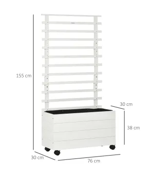 Jardinera con Enrejado de Madera Maciza Soporte con 4 Ruedas Celosía y Malla Geotextil 76x30x155 cm Blanco
