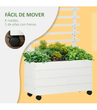 Jardinera con Enrejado de Madera Maciza Soporte con 4 Ruedas Celosía y Malla Geotextil 76x30x155 cm Blanco