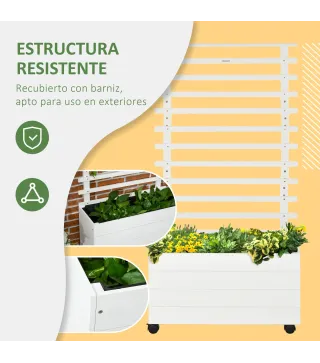 Jardinera con Enrejado de Madera Maciza Soporte con 4 Ruedas Celosía y Malla Geotextil 76x30x155 cm Blanco