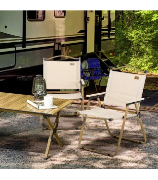 Set 2 Sillas de Jardín Plegables con Reposabrazos Sillas para Camping y Playa en Tela Oxford y Acero 54x59x78 cm Caqui