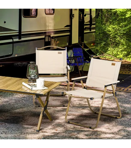 Set 2 Sillas de Jardín Plegables con Reposabrazos Sillas para Camping y Playa en Tela Oxford y Acero 54x59x78 cm Caqui