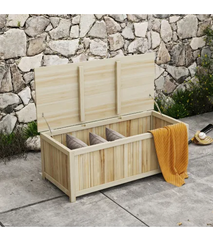 Arcón Exterior de Madera 172 L Baúl Almacenaje con Tapa Abatible Resistente a la Intemperie para Jardín Madera Natural