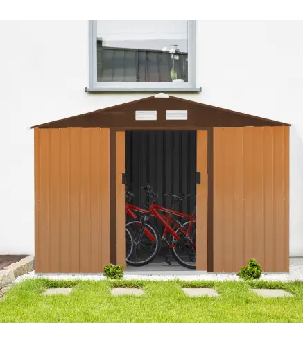 Cobertizo de Jardín 4,9 m² 277x195x192 cm con 2 Puertas Corredizas Base Refuerzo (Suelo NO Incluido) Amarillo