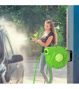 Carrete para Manguera Enrollable Carro de Manguera de Jardín 10m Roll-up Automático con Pistola de Pulverización