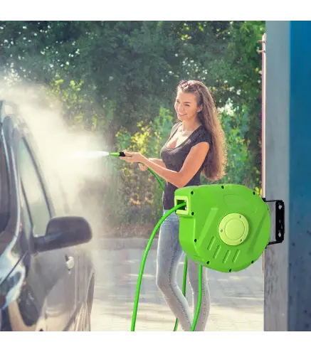 Carrete para Manguera Enrollable Carro de Manguera de Jardín 10m Roll-up Automático con Pistola de Pulverización