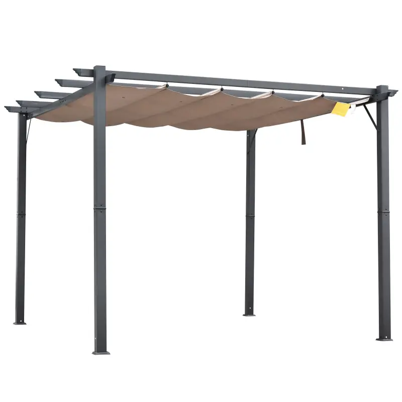 Pérgola de Aluminio 3x3m para Jardín Patio o Terraza con Techo Retráctil Tela Poliéster Resistente a Agua Marrón y Gris