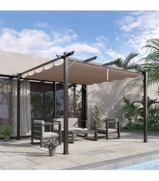 Pérgola de Aluminio 3x3m para Jardín Patio o Terraza con Techo Retráctil Tela Poliéster Resistente a Agua Marrón y Gris