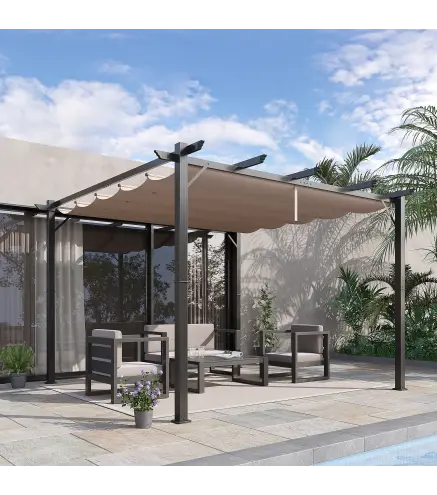 Pérgola de Aluminio 3x3m para Jardín Patio o Terraza con Techo Retráctil Tela Poliéster Resistente a Agua Marrón y Gris