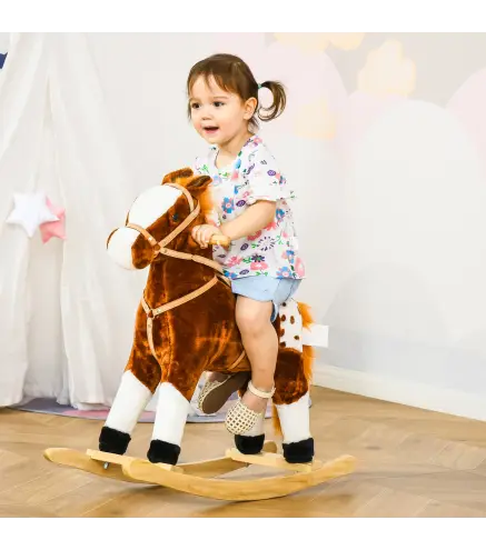 Caballito Balancín de Felpa Suave para Niños de 3-6 Años con Sonidos de Relincho 74x28x65 cm Marrón