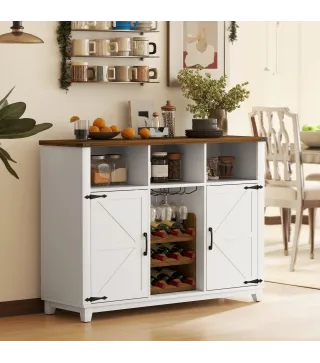 Aparador de Cocina Rústico con Estantes Ajustables y Botellero Mueble Auxiliar para Comedor, Salón 120x37x88 cm Blanco