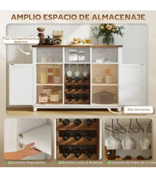 Aparador de Cocina Rústico con Estantes Ajustables y Botellero Mueble Auxiliar para Comedor, Salón 120x37x88 cm Blanco
