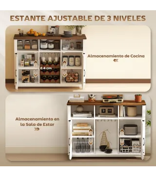 Aparador de Cocina Rústico con Estantes Ajustables y Botellero Mueble Auxiliar para Comedor, Salón 120x37x88 cm Blanco