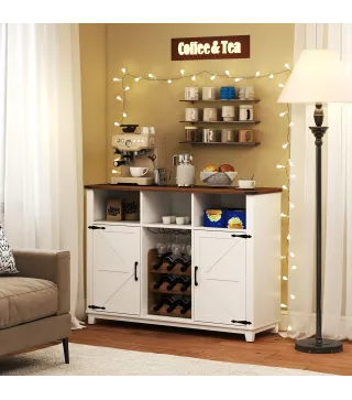 Aparador de Cocina Rústico con Estantes Ajustables y Botellero Mueble Auxiliar para Comedor, Salón 120x37x88 cm Blanco