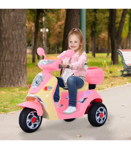 Coche Triciclo Moto Eléctrica Infantil Correpasillos a Batería Niños +3 años 6V Metal + PP 108x51x75cm Rosa