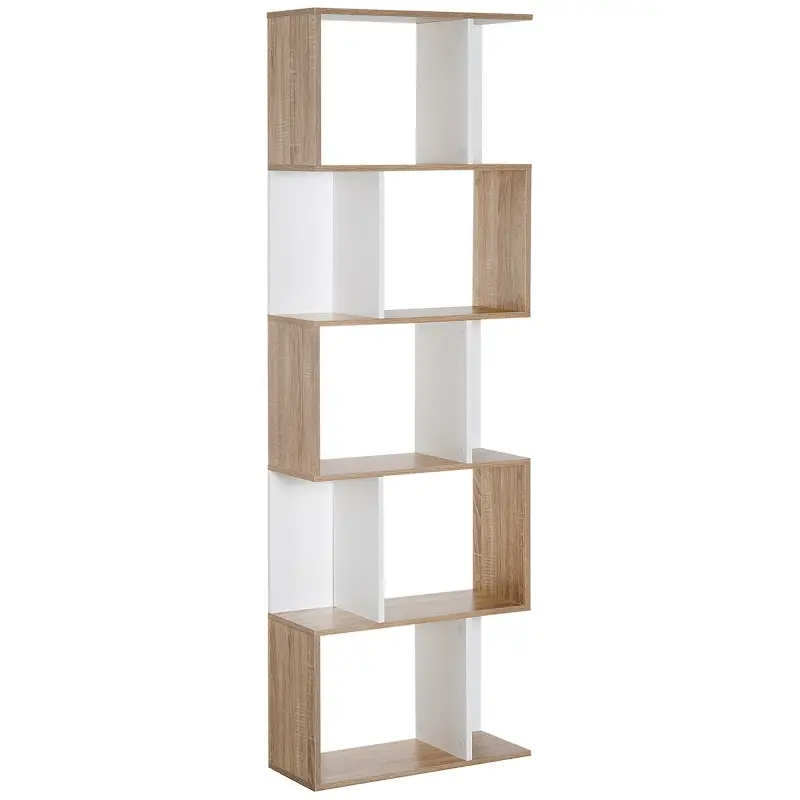 Estantería en Forma de S Alta con 5 Estantes Diseño Moderno para Salón Oficina 60x24x184,5cm Blanco y Madera Estantería en Forma de S Alta con 5 Estantes Diseño Moderno para Salón Oficina 60x24x184,5cm Blanco y Madera