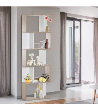 Estantería en Forma de S Alta con 5 Estantes Diseño Moderno para Salón Oficina 60x24x184,5cm Blanco y Madera