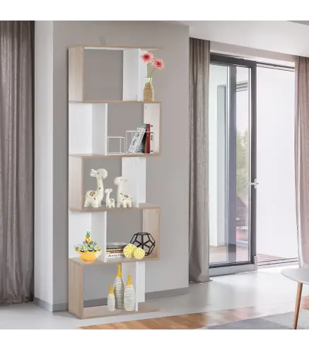 Estantería en Forma de S Alta con 5 Estantes Diseño Moderno para Salón Oficina 60x24x184,5cm Blanco y Madera