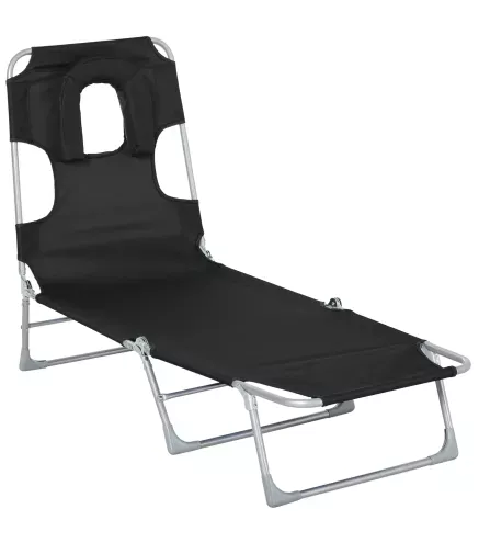 Tumbona Reclinable y Plegable de Jardín con Orificio de Lectura Reposacabezas y Respaldo Ajustable en 5 Niveles para Playa 182x5