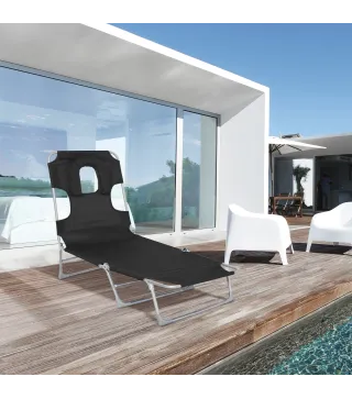 Tumbona Reclinable y Plegable de Jardín con Orificio de Lectura Reposacabezas y Respaldo Ajustable en 5 Niveles para Playa 182x5