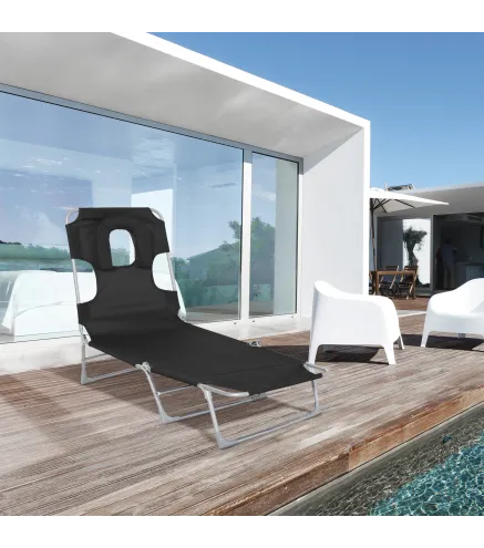 Tumbona Reclinable y Plegable de Jardín con Orificio de Lectura Reposacabezas y Respaldo Ajustable en 5 Niveles para Playa 182x5