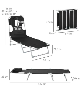 Tumbona Reclinable y Plegable de Jardín con Orificio de Lectura Reposacabezas y Respaldo Ajustable en 5 Niveles para Playa 182x5
