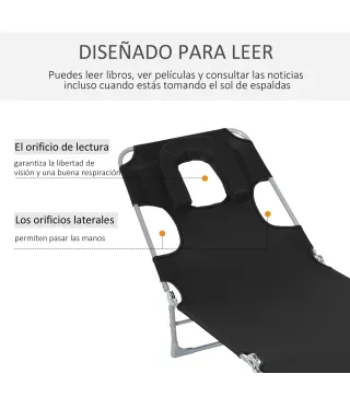 Tumbona Reclinable y Plegable de Jardín con Orificio de Lectura Reposacabezas y Respaldo Ajustable en 5 Niveles para Playa 182x5