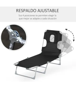 Tumbona Reclinable y Plegable de Jardín con Orificio de Lectura Reposacabezas y Respaldo Ajustable en 5 Niveles para Playa 182x5