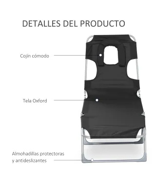 Tumbona Reclinable y Plegable de Jardín con Orificio de Lectura Reposacabezas y Respaldo Ajustable en 5 Niveles para Playa 182x5