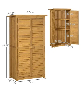 Armario de Jardín 0,31 m² Cobertizo de Exterior con 2 Puertas y 2 Estantes Interiores 87x46,5x160 cm Madera Natural