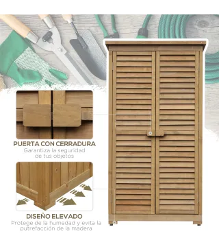 Armario de Jardín 0,31 m² Cobertizo de Exterior con 2 Puertas y 2 Estantes Interiores 87x46,5x160 cm Madera Natural