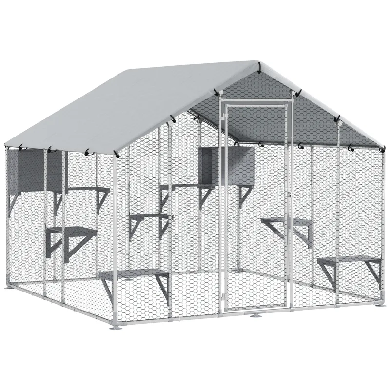 Jaula Grande para Gatos Exterior con 2 Casitas 7 Plataformas para Saltar Cubierta Impermeable y Anti-UV 240x193x195 cm
