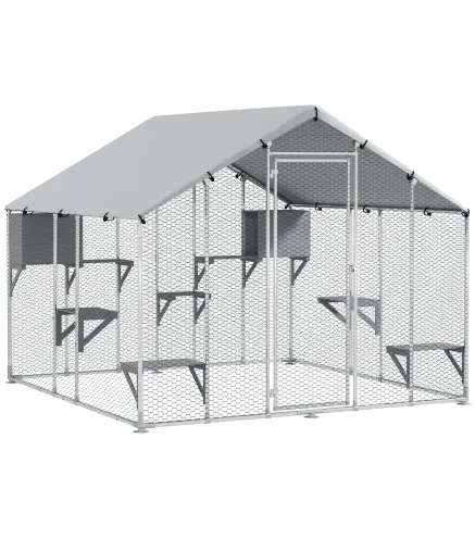 Jaula Grande para Gatos Exterior con 2 Casitas 7 Plataformas para Saltar Cubierta Impermeable y Anti-UV 240x193x195 cm