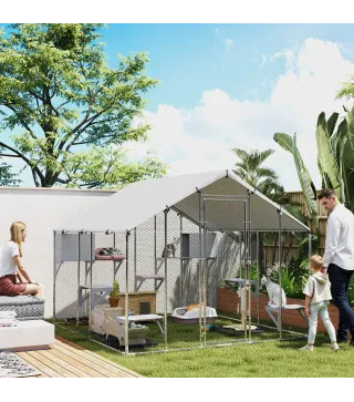 Jaula Grande para Gatos Exterior con 2 Casitas 7 Plataformas para Saltar Cubierta Impermeable y Anti-UV 240x193x195 cm