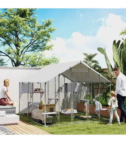 Jaula Grande para Gatos Exterior con 2 Casitas 7 Plataformas para Saltar Cubierta Impermeable y Anti-UV 240x193x195 cm