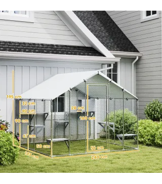 Jaula Grande para Gatos Exterior con 2 Casitas 7 Plataformas para Saltar Cubierta Impermeable y Anti-UV 240x193x195 cm