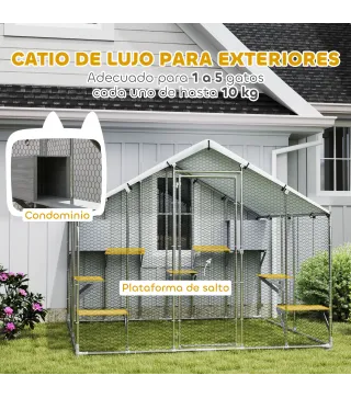 Jaula Grande para Gatos Exterior con 2 Casitas 7 Plataformas para Saltar Cubierta Impermeable y Anti-UV 240x193x195 cm