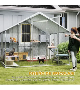 Jaula Grande para Gatos Exterior con 2 Casitas 7 Plataformas para Saltar Cubierta Impermeable y Anti-UV 240x193x195 cm
