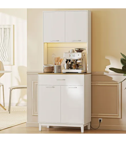 Alacena de Cocina con Luces LED Estación de Carga 4 Puertas Cajón Encimera Abierta 71x40x180 cm Blanco