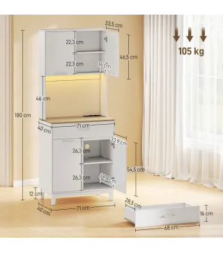 Alacena de Cocina con Luces LED Estación de Carga 4 Puertas Cajón Encimera Abierta 71x40x180 cm Blanco