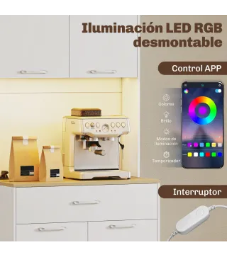 Alacena de Cocina con Luces LED Estación de Carga 4 Puertas Cajón Encimera Abierta 71x40x180 cm Blanco