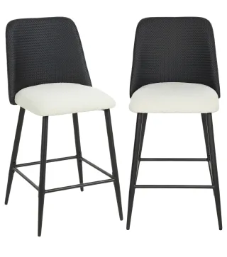 Juego de Taburetes Altos de Cocina con Respaldo y Reposapiés Tapizados de Lino y PU Marco de Acero Negro