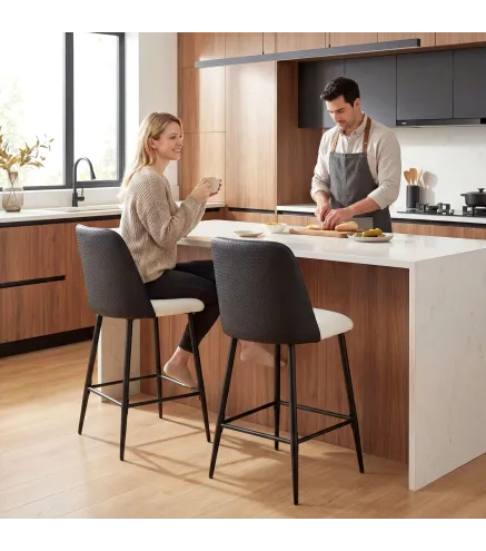 Juego de Taburetes Altos de Cocina con Respaldo y Reposapiés Tapizados de Lino y PU Marco de Acero Negro