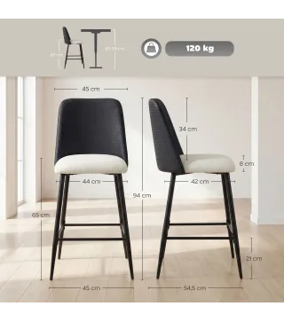 Juego de Taburetes Altos de Cocina con Respaldo y Reposapiés Tapizados de Lino y PU Marco de Acero Negro