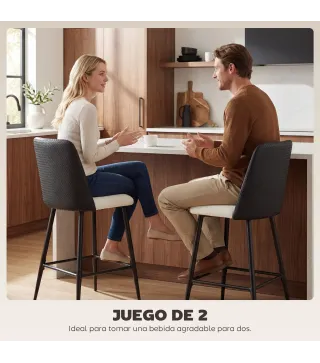 Juego de Taburetes Altos de Cocina con Respaldo y Reposapiés Tapizados de Lino y PU Marco de Acero Negro