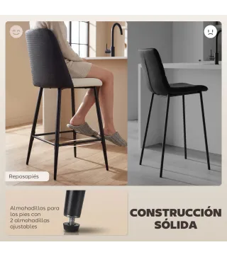 Juego de Taburetes Altos de Cocina con Respaldo y Reposapiés Tapizados de Lino y PU Marco de Acero Negro