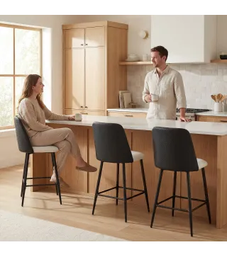 Juego de Taburetes Altos de Cocina con Respaldo y Reposapiés Tapizados de Lino y PU Marco de Acero Negro